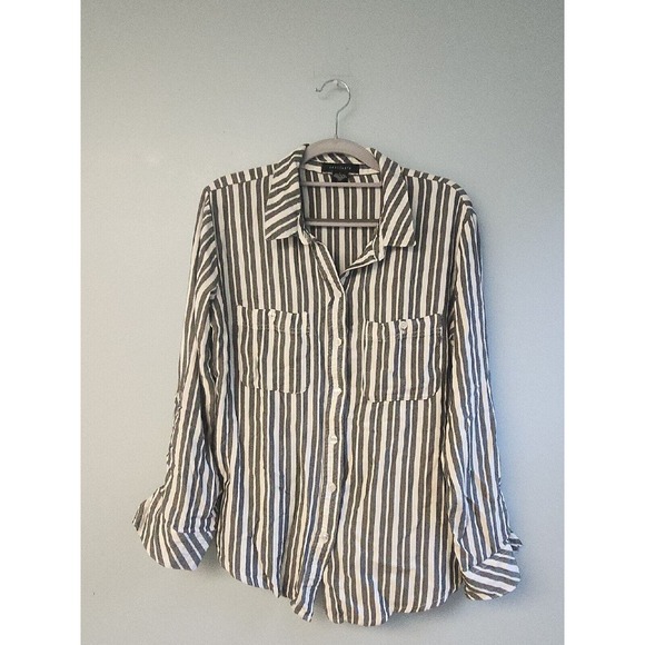 Sanctuary Womens Tomboy Shirt Large‎ Gray White Striped Button Up Tab Sleeve - Picture 1 of 5